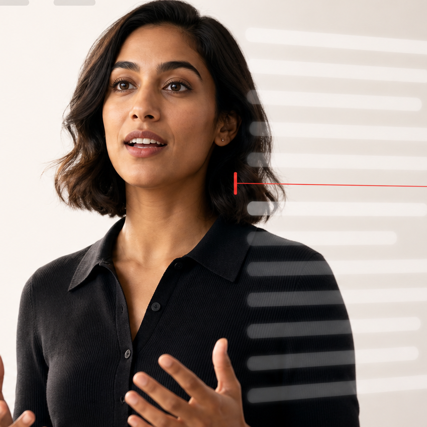 A presenter speaking confidently, with a subtle teleprompter reading guide alongside her